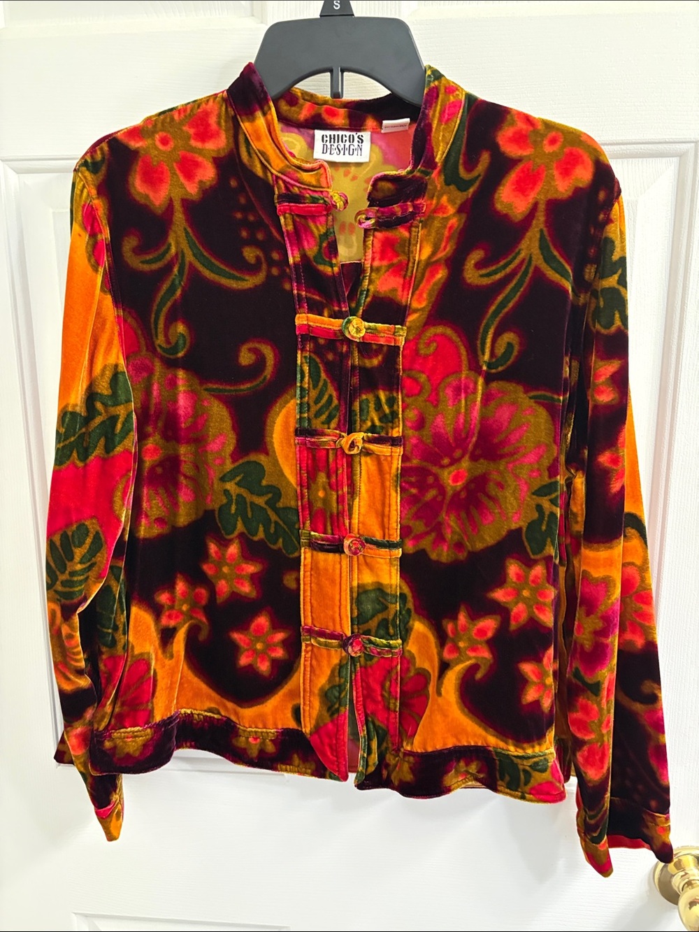 Chico's Velvet Floral Mandarin Jacket - Multi Red/Pink/Orange/Green
